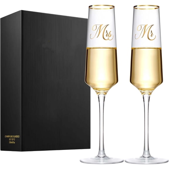 "Wedding Champagne Flutes with Long Stem, Bride and Groom Toasting Crystal Glass Set, Bridal Shower Gift, Engagement Gifts for Couples, Newlyweds, Anniversary