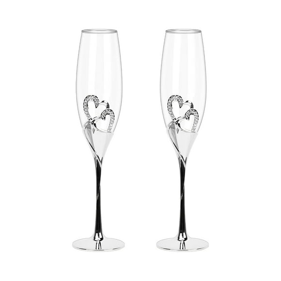 Wedding Champagne Glass Set Silver Toasting Flute Glasses Pack of 2 with Rhinestone Rimmed Hearts Decoration for Wedding, Valentine's Day Gift