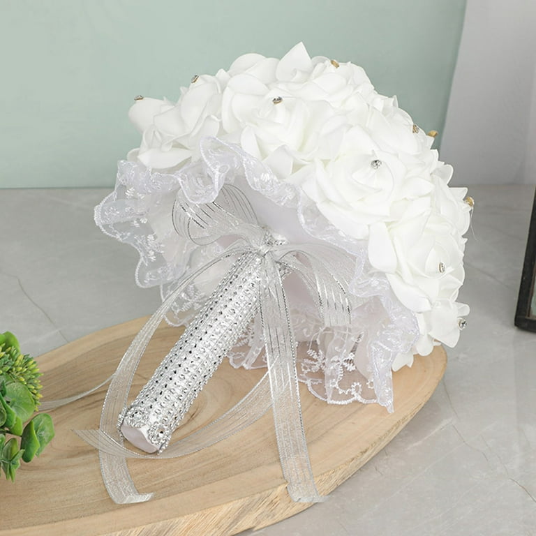 Artificial White Rose Bridal Bouquet | 11" Handmade Wedding Bouquet With Cabbage Roses & Eucalyptus