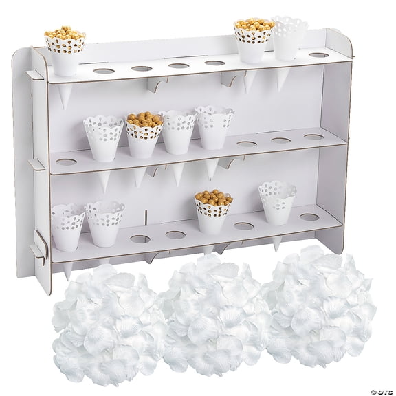 Wedding Cone Stand with Cones & White Rose Petals - 201 Pieces