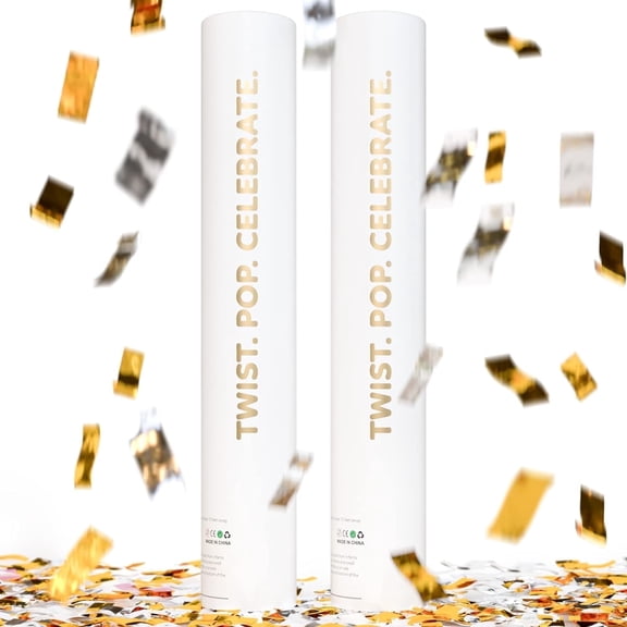 TUR Wedding Confetti Cannons 2-Pack, Gold & Silver Streamers for Wedding, Engagement, Graduation, Birthday 12-Inch