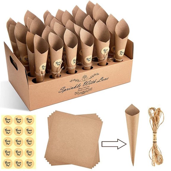 Wedding Confetti Cone Holder Set Rustic Kraft 30 Cones Tray Kit for Wedding Party Decorations for Ceremony and Reception
