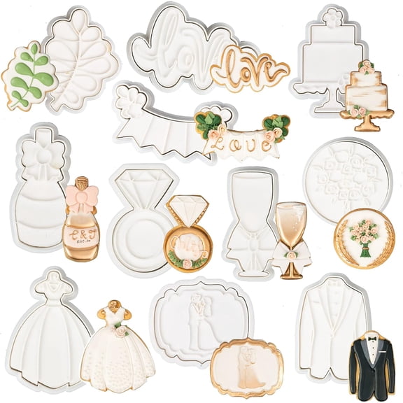 Wedding Cookie Cutters Set of 11 with 3D Stamper PLA Kitchen Cake Decorating 3.5" Wedding Dress Love Ring Shapes for Bridal Party