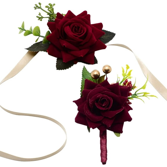 Wedding Corsage and Boutonniere Set Wine Red 2pcs Wrist Corsage Bracelets Ribbon Artificial Rose Wrist Corsage Wristband Men Boutonniere for Groom Bride Groomsmen Bridesmaids Party Prom Suit