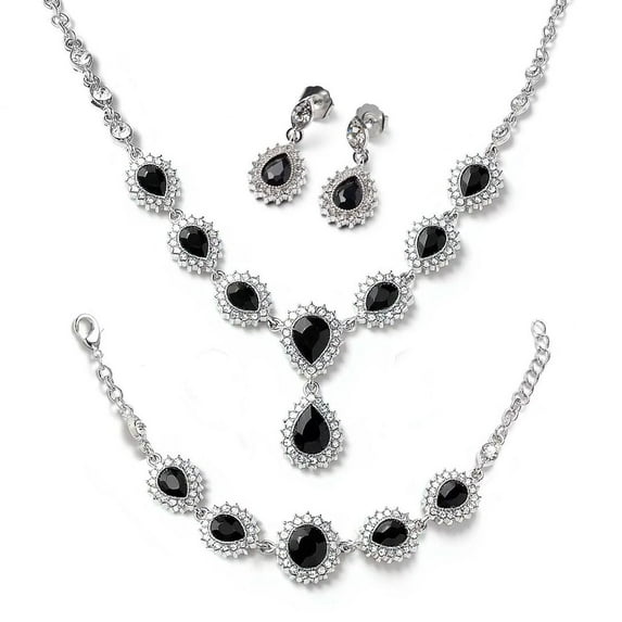 Wedding Costume Jewelry Set for Women Bridesmaid Teardrop Necklace Bracelet Earrings Black Crystal Bridal Women Size 20" & 7.5'' Birthday Christmas Gifts