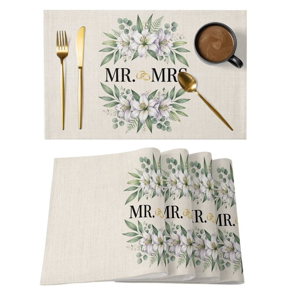 Wedding Cotton Linen Placemats Set of 1, Mr Washable Table Place Mats Heat Insulating Placemat for Dining Room Kitchen Daily Use 13 x 19 Inch