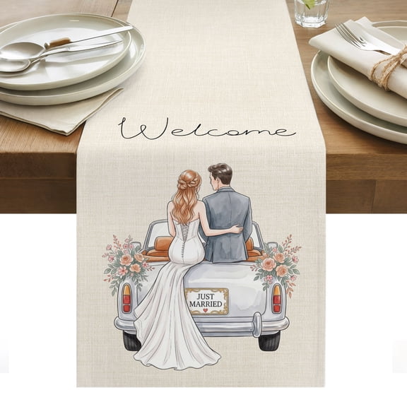 Wedding Cotton Linen Table Runner Couple in Car Welcome Flower Romantic Dining Table Runners for Home Decor Party Dining Room Restaurant Kitchen Party 13" x 48"