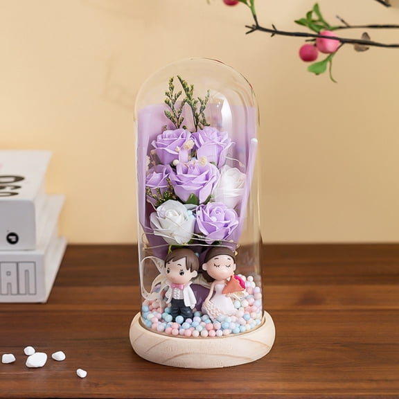 Wedding Couple Preserved Rose Light-Up Dome | Eternal Flower Arrangement with LED Lights | Romantic Gift for Anniversary, Engagement, Wedding, Valentine’s Day
