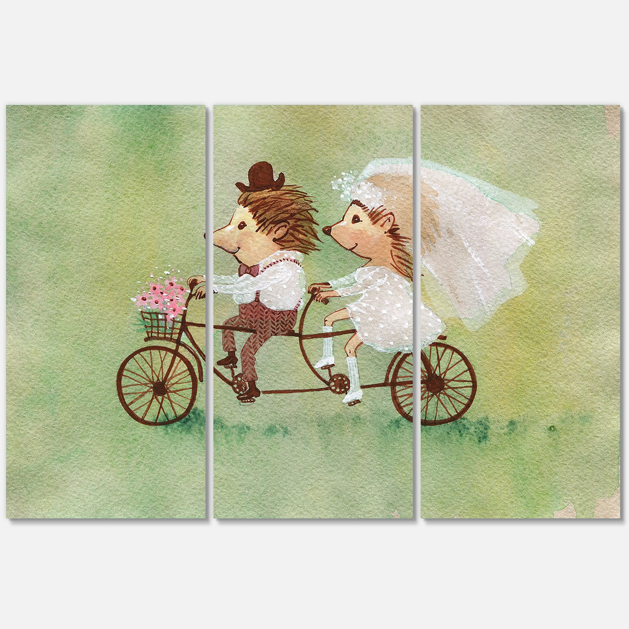 Wedding Couple of Hedgehogs Riding A Bike 28 in x 36 in Painting Canvas Art Print, by Designart