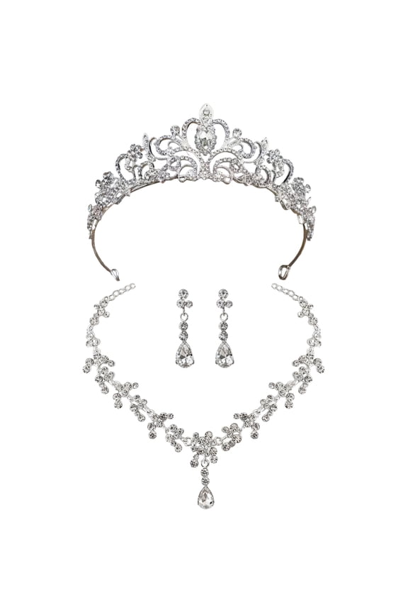 Wedding Crown for Bride, Silver Hollow Design with Faux Crystal, Coronation Tiara Jewelry Set, Includes Matching Necklace and Earrings, Ideal for Weddings