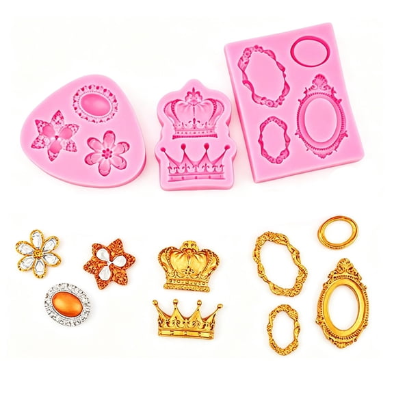 Wedding Crown Cupcake Topper Molds 3 Pack, Vintage Baroque Frame Flower Silicone Fondant Molds, 3D Chocolate Molds for Cake Decorating Resin Crafts