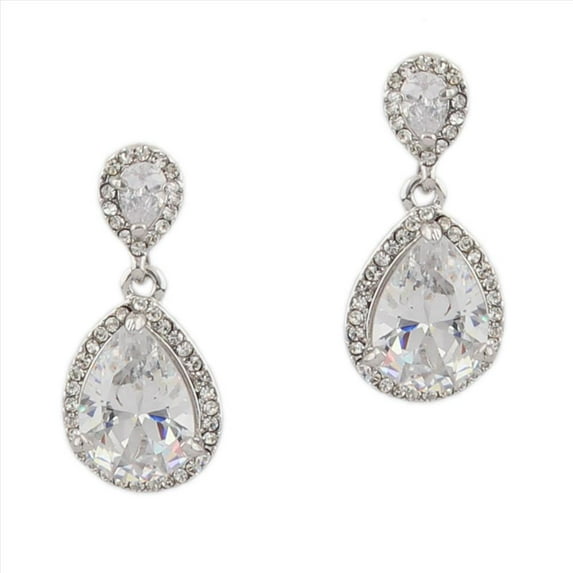 Wedding Cubic Zirconia Pear Shape Rhodium Plated Dangle Earrings