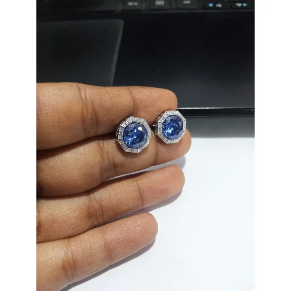 Wedding Cufflink Men's 14k White Gold Plated 2Ct Round Cut Blue Tanzanite Lab Created Pretty Classic Cufflinks