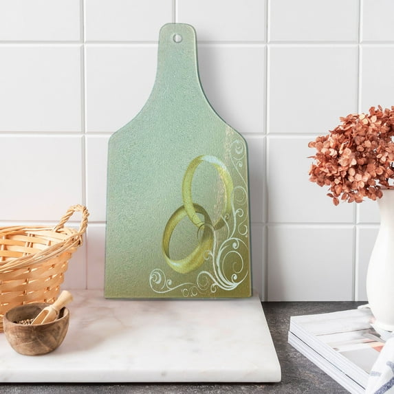 Wedding Cutting Board, 2 Wedding Rings Entangled Swirled Floral Framework Romantic Celebration, Tempered Glass Cutting and Serving Board, Wine Bottle Shape, Yellow Sepia Coconut, by Ambesonne