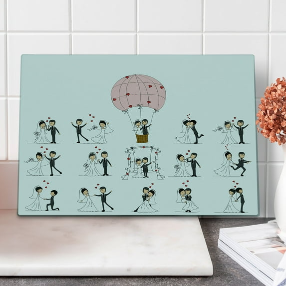 Wedding Cutting Board, Bride and Groom Wedding Pictures in Comic Book Style Honeymoon Celebration, Decorative Tempered Glass Cutting and Serving Board, Large Size, White Black Pink, by Ambesonne