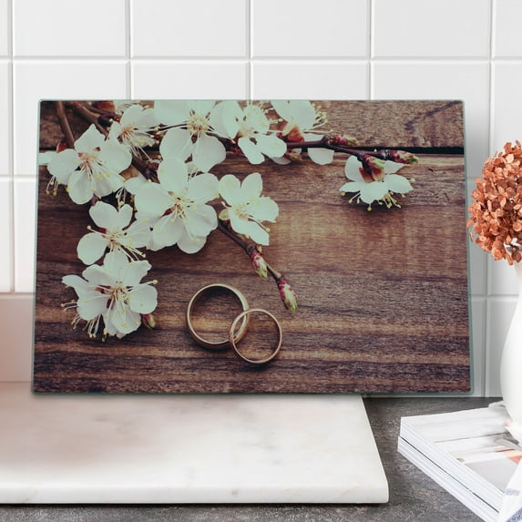 Wedding Cutting Board, Celebration Flowering Branch Delicate Rings on Wooden Surface Rustic Effect, Decorative Tempered Glass Cutting and Serving Board, Large Size, Brown and White, by Ambesonne