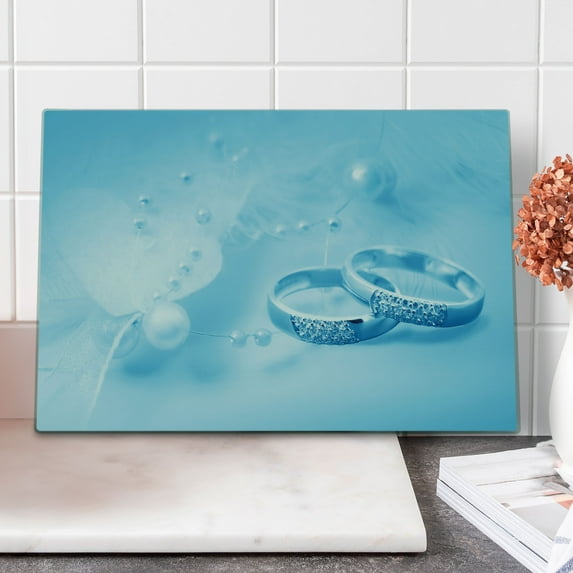 Wedding Cutting Board, Engagement Rings Pearls on Pastel Colored Dreamy Background Art Print, Decorative Tempered Glass Cutting and Serving Board, Large Size, Pale Blue White, by Ambesonne