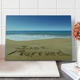 thumbnail image 1 of Wedding Cutting Board, Just Married Written on Sandy Beach Ocean Waves Romantic Photo Celebration, Decorative Tempered Glass Cutting and Serving Board, Large Size, Blue Brown White, by Ambesonne, 1 of 1