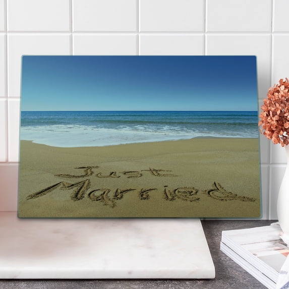 Wedding Cutting Board, Just Married Written on Sandy Beach Ocean Waves Romantic Photo Celebration, Decorative Tempered Glass Cutting and Serving Board, Large Size, Blue Brown White, by Ambesonne