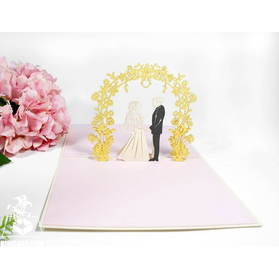 Wedding Day 3 Pop-Up Card – Handmade 3D Wedding Greeting Card, Bride & Groom Under Golden Floral Arch, Wedding Congratulations Card with Envelope, 5x7 Inches