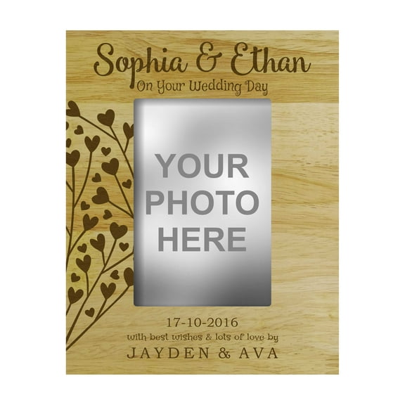 Wedding Day Personalized Picture Frame With Names - 4 x 6 Inches Horizontal Engraved Wood Table Frame Gift