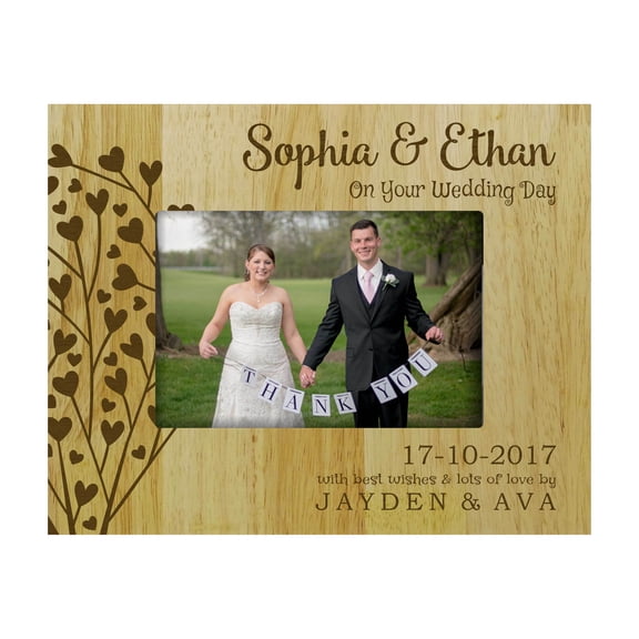 Wedding Day Personalized Picture Frame With Names - 5 x 7 Inches Vertical Engraved Wood Table Frame Gift