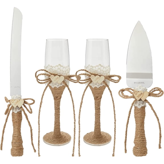 Wedding Decor Rustic Cake Knife & Server Set with Champagne Flutes - Brown Wood Handles, 13.2in Knife & 11in Server, 7.1oz Flutes - Rustic Wedding Decorations