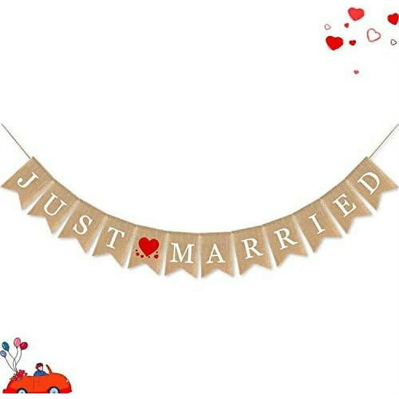 Wedding Decoration Just Married Banner Burlap Heart Patterns Romantic for Wedding Bridal Shower Engagement