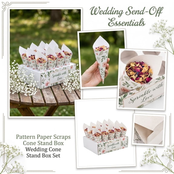 Wedding Decorations for Ceremony, Rustic Wedding Decor Confetti Cone Stand Set, 20-Hole Green Leaf Wedding Confetti Holder Box for Guest Toss, Pre-Filled Style Dried Flower Petal