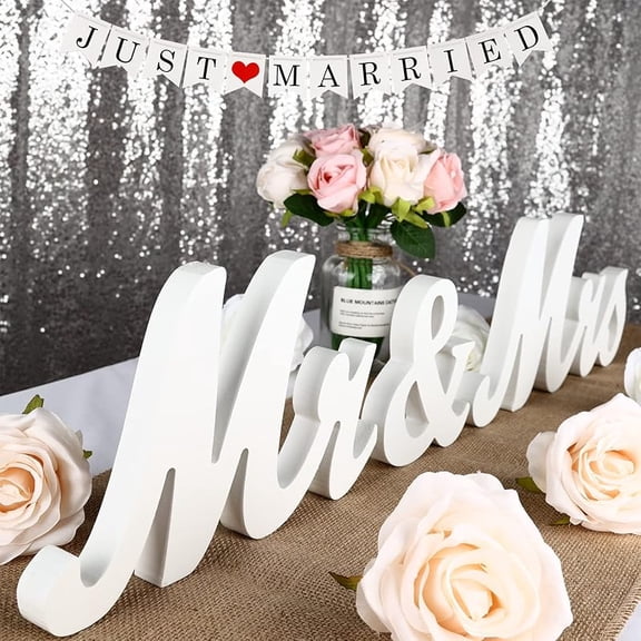Wedding Decorations Set - Large Just Married Banner & Wooden Mr & Mrs Signs, Black