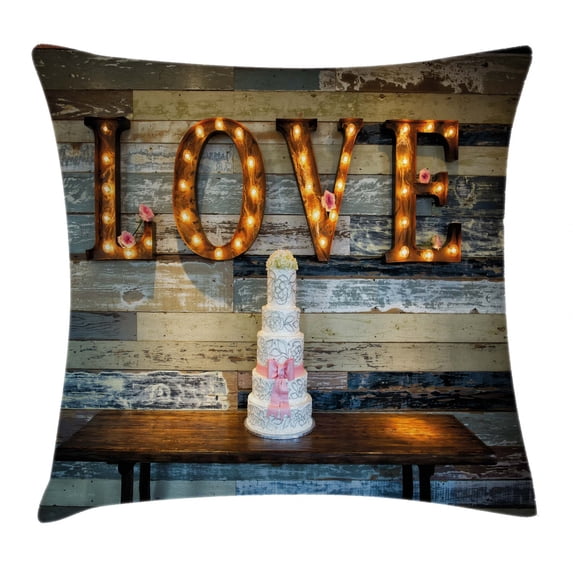 Wedding Decorations Throw Pillow Cushion Cover, Wedding Cake wtih the Word Love as Sinage on Wooden Background Print, Decorative Square Accent Pillow Case, 16 X 16 Inches, Multicolor, by Ambesonne