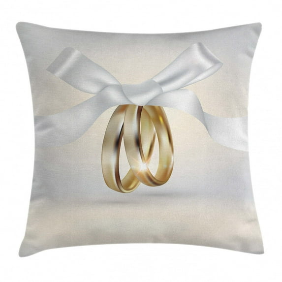 Wedding Decorations Throw Pillow Cushion Cover, Golden Colored Wedding Rings with Ribbon Marriage Jewel Realistic Photo, Decorative Square Accent Pillow Case, 18 X 18 Inches, White Gold, by Ambesonne