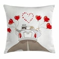 thumbnail image 1 of Wedding Decorations Throw Pillow Cushion Cover, Newlywed Couple in Vintage Car with Heart Shaped Balloons Drawing, Decorative Square Accent Pillow Case, 24 X 24 Inches, Red Taupe White, by Ambesonne, 1 of 2