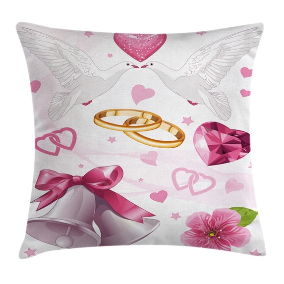 Wedding Decorations Throw Pillow Cushion Cover, Wedding Themed Artwork Invitation Announcement Hearts Rings Birds, Decorative Square Accent Pillow Case, 16 X 16 Inches, Pink White Gold, by Ambesonne