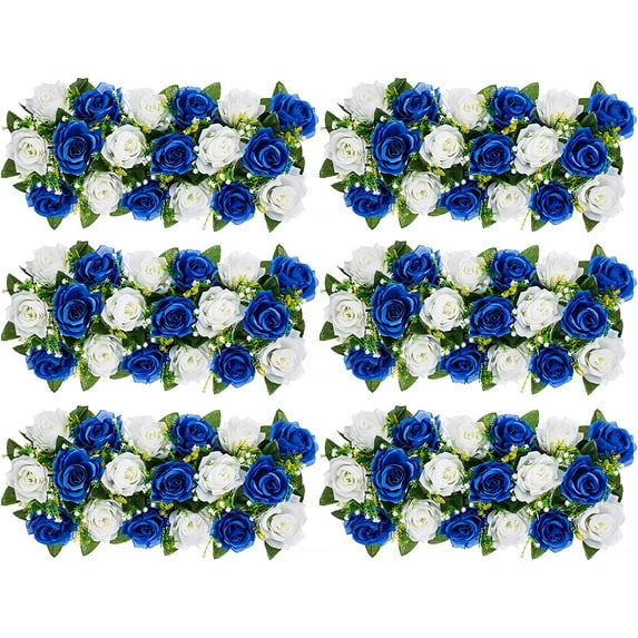 Wedding Dining Table Flower Centerpiece Floral Wedding Centerpieces for Tables Runner 6 Pcs Royal Blue&White Artificial Rose Flowers Arrangement for Party Kitchen Room Reception Table Decor