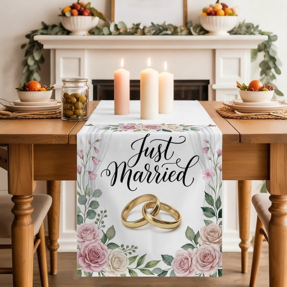 Wedding Dining Table Runner, Just Married Rings Roses Formal Romantic Washable Table Runners Kitchen Coffee Table Center Decor for Home Party Holiday Wedding 13 x 60 Inches