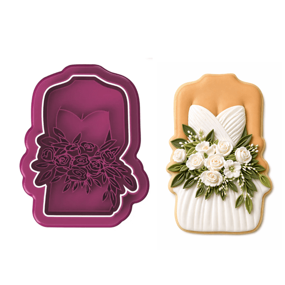 Wedding Dress Cookie Cutter & Stamp Floral Bridal Gown Cookie Cutter Elegant Wedding Shower Fondant Embosser Too