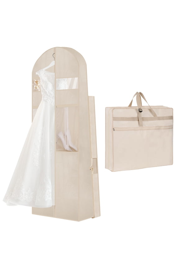 Wedding Dress Garment Bag,72’ Tri-Fold Bridal Gown Bag with 6 Pouches and Adjustable Buckle Gown Cover for Wedding/Prom/Travel/Closet Storage (Beige)