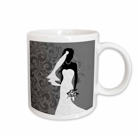 3drose, Wedding Dress on a Bride in Black and White with Swirls, 11oz Mug