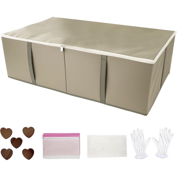 Wedding Dress Storage Box – Large Wedding Dress Preservation Box 94L with Acid-Free Tissue Paper, Cedar Wood Blocks, White Gloves & Dust Bag for Bridal Gown Preservation(Gray)
