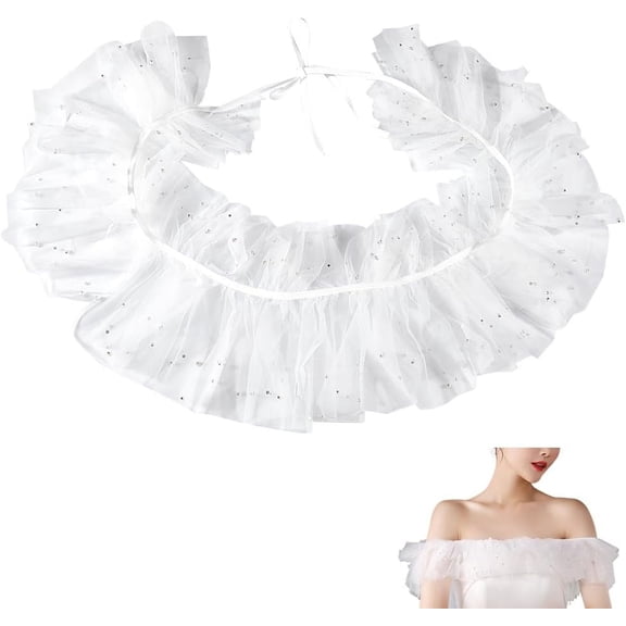 Wedding Dress Tulle Collars Beaded Pearls Rhinestone Bridal Shawl Wrap Shrug Shoulder Cover up Cape Lace Appliques Costume Accessory for Wedding Dress Prom Evening Party 73.6 Inch