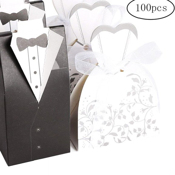 Wedding Dress&Tuxedo Candy Box 100pcs, Wedding Gift Box Party Favor Paper Box Groom Tuxedo Candy Box Creative Candy Packaging Bag Tuxedo Wedding Candy Bag