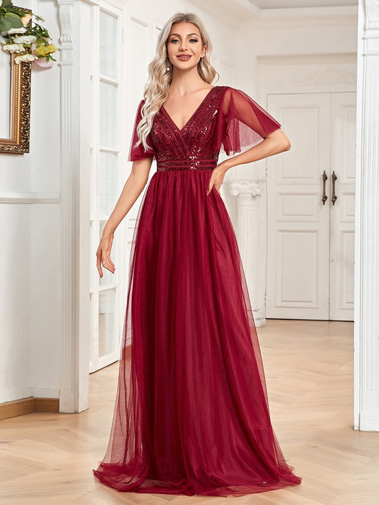 Wedding Dress Wedding Guest Dresses for Women Veil Bridesmaid Dress Double V -neck Long Skirt Flared Sleeve A-line Spangled Dress Women's Evening Dress  - Walmart.com