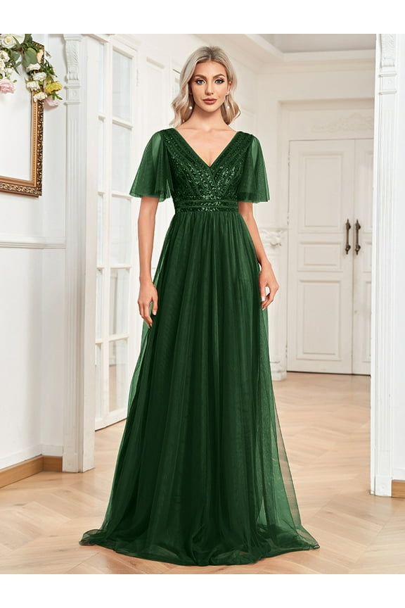 Wedding Dress Wedding Guest Dresses for Women Veil Bridesmaid Dress Double V-neck Long Skirt Flared Sleeve A-line Spangled Dress Women's Evening Dress