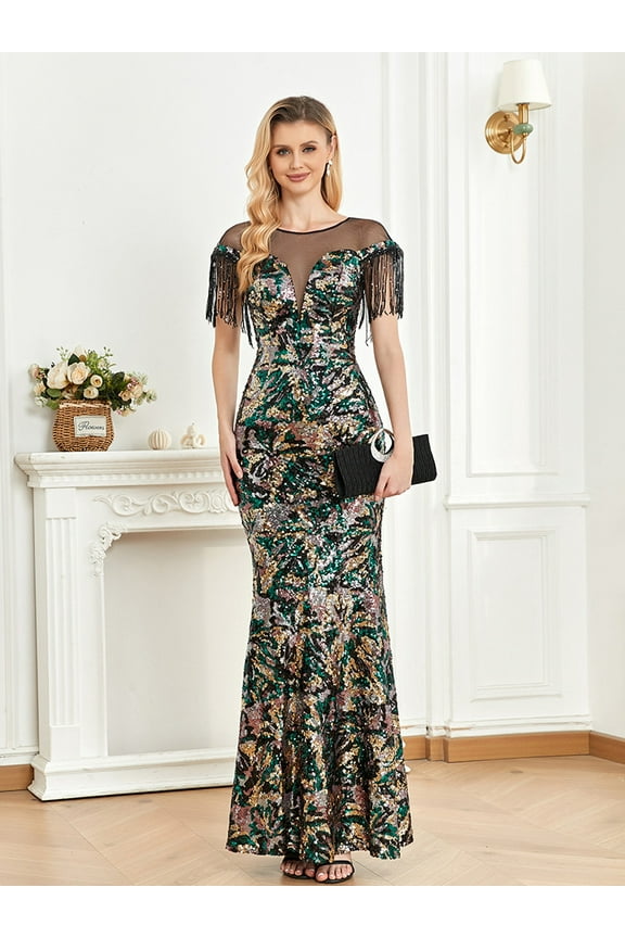 Wedding Dress Wedding Guest Dresses for Women sexy long dress suspenders V-neck sequins slim fishtail bridesmaid evening dress fringed sleeves Party Dress