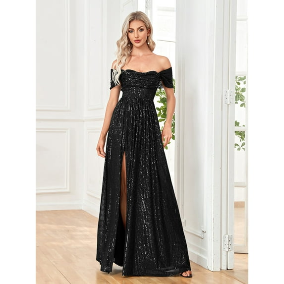 Wedding Dress Wedding Guest Dresses for Women Popular Card Shoulder Straight Collar A-line Slit Dinner Dress Long Dress Women Beads
