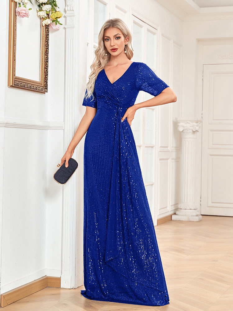 Wedding Dress Wedding Guest Dresses for Women Sexy Long Skirt Short Sleeve  V-neck Beads Slim Fishtail Bridesmaid Dinner Dress Female - Walmart.com