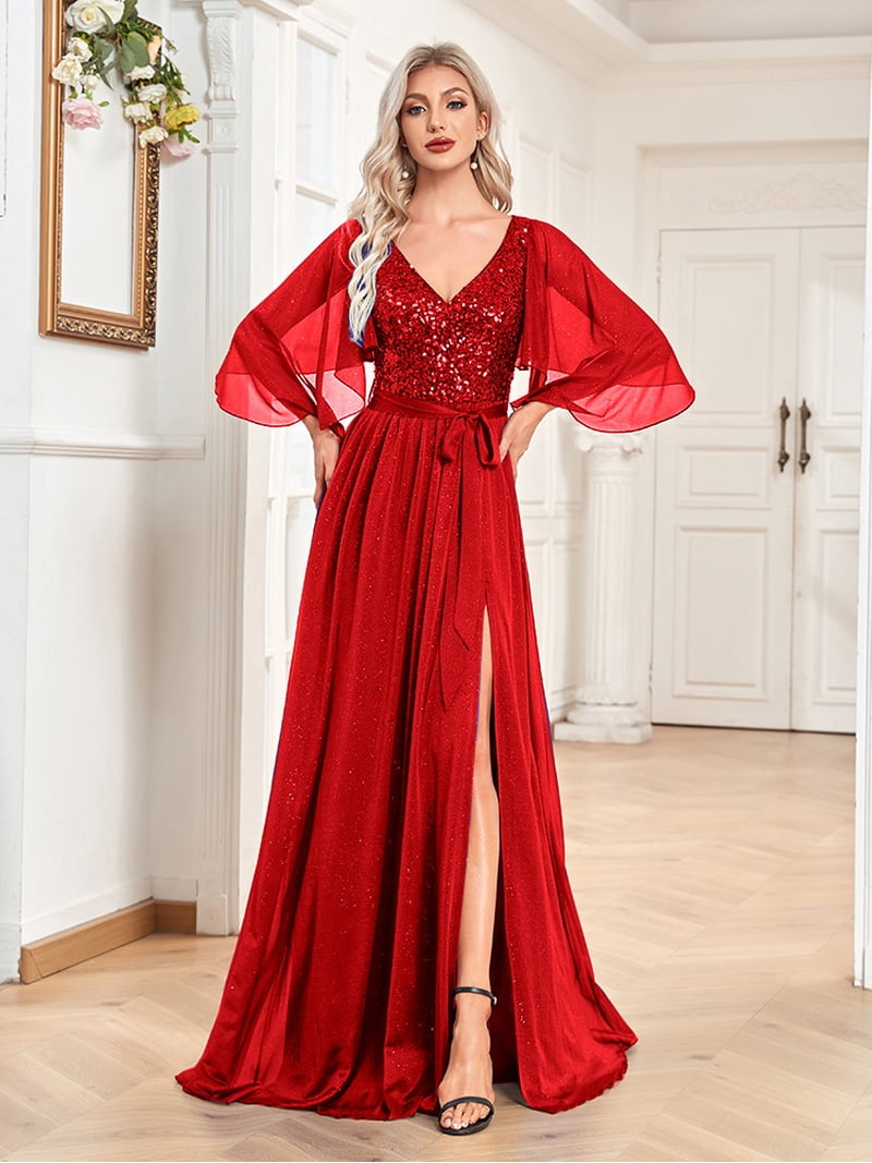 long sleeve shift dress formal Collared Half-Sleeves Satin Mermaid Evening Dress Multi-Color Sequined –  Laxag main image 0