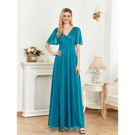 Wedding Dress Wedding Guest Dresses for Women short-sleeved V-neck evening dress with slim waistline for dinner party dress bridesmaid dress