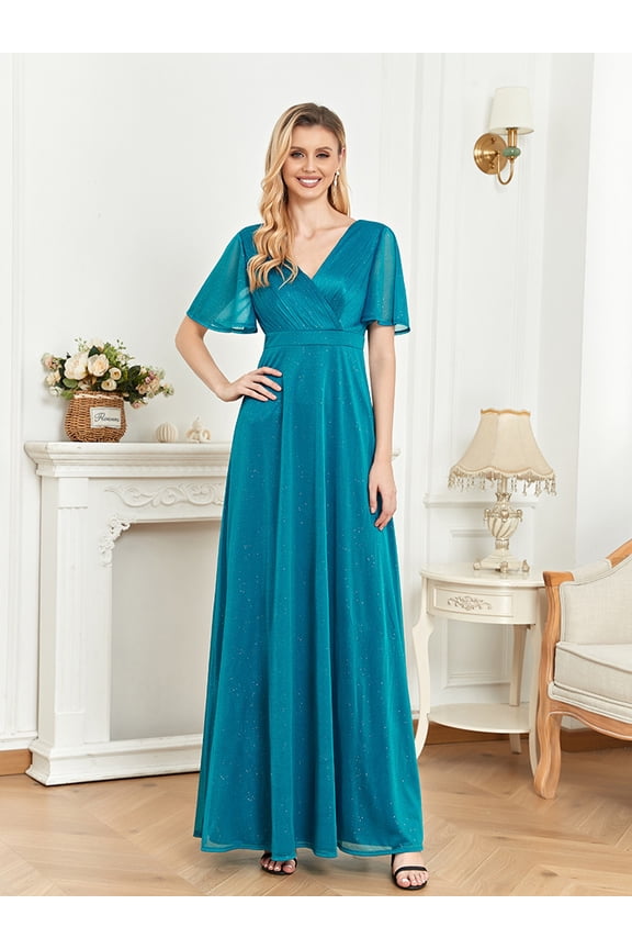 Wedding Dress Wedding Guest Dresses for Women short-sleeved V-neck evening dress with slim waistline for dinner party dress bridesmaid dress
